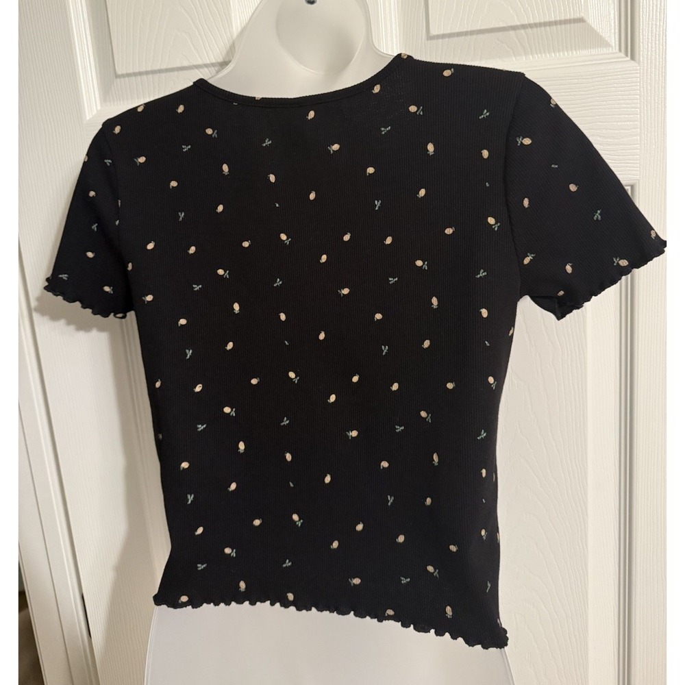 Y2K Alya Lemon Print Ribbed Baby Tee Lettuce Hem Crop Top Sz M Womens 90s 2000s - Picture 6 of 9